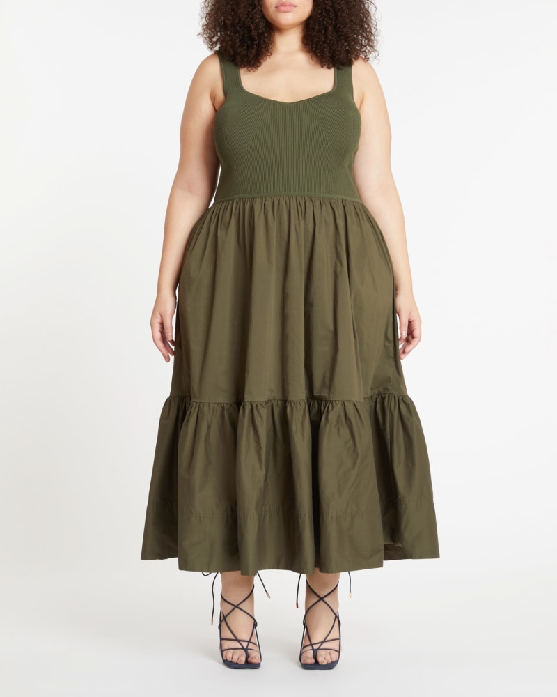 Front of a model wearing a size L Josephina Dress in OLIVE by Tanya Taylor. | dia_product_style_image_id:283267